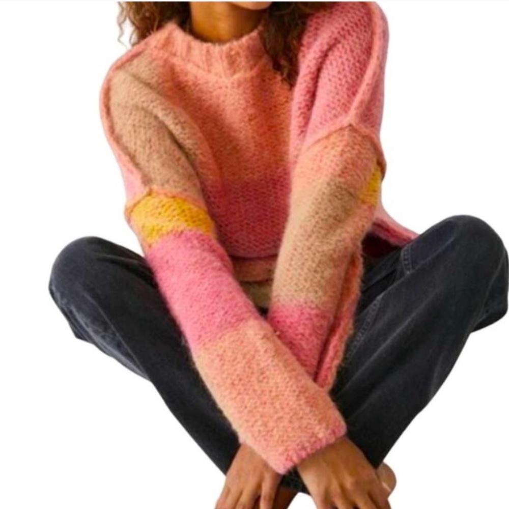 FP Alpaca Wool Pink Brown Yellow Orange Chunky Knit Sweater SM S Small